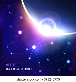 Cosmic abstract background with planet and connection structure. Round template for business presentations with empty space for your text. Vector.