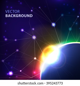 Cosmic abstract background with planet and connection structure. Template for business presentations with empty space for your text. Vector.