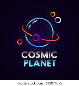 Cosmic abstract sign, bright signboard, light banner. Space and Planet logo, emblem