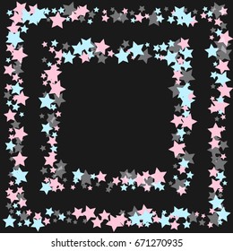 Cosmic abstract vector background with colorful rising stars arranged in squares. Vintage frame-pattern with blue, pink, gray night sky, objects on a black background. Celebration, retro style