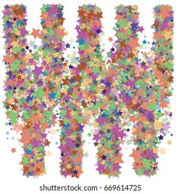 Cosmic abstract vector background with colourful falling down or rising up stars arranged in stripes. Vintage pattern with green, blue, purple night sky objects on white. Celebration, retro style.