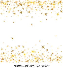 Cosmic abstract vector background with gold star elements. Glitter confetti, magic shining sparkles design. Decorative pattern on white with golden night sky stars. Card with place for text, sparkles.