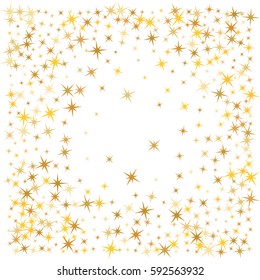 Cosmic abstract vector background with gold star elements. Glitter confetti, magic shining sparkles design. Decorative pattern on white with golden sky objects. Starlight frame, stars border, confetti
