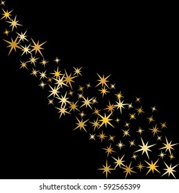 Cosmic abstract vector background with gold star elements. Glitter confetti, shining sparkles falling down design. Decorative pattern on black with golden night sky objects. Shiny color gold wave.