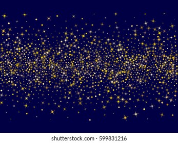 Cosmic abstract vector background with gold star elements. Decorative pattern on dark blue with golden glitter confetti of shining sparkles. Astral design.