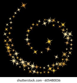 Cosmic abstract vector background with gold star twisted pattern. Glitter confetti, shining sparkles design. Decorative helix on black, starlight spiral, curl, spin.