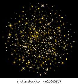 Cosmic abstract vector background with gold star and circle elements. Glitter confetti, magic shining sparkles design. Decorative pattern on black with golden night sky objects. Astral illustration.