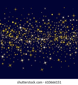 Cosmic abstract vector background with gold star and circle elements. Decorative pattern on dark blue with golden glitter confetti of shining sparkles. Astral design.Star sparkles vector pattern.