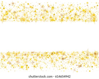 Cosmic abstract vector background with gold glowing star and circle elements isolated on white. Holiday starlight, glitter confetti, shining sparkles pattern design for birthday card, banner or poster