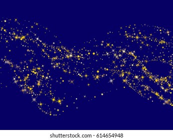 Cosmic abstract vector background with gold star elements. Glitter confetti, magic shining sparkles design. Decorative pattern on dark blue with golden night sky objects. Suitable for astrology.
