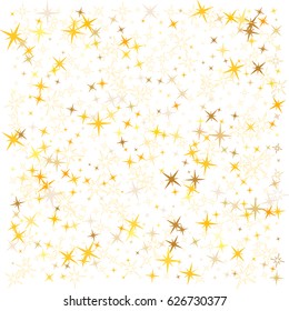 Cosmic abstract vector background with gold star elements falling down. Decorative pattern on white with golden night sky objects. Glitter confetti, magic shining sparkles design, star dust.