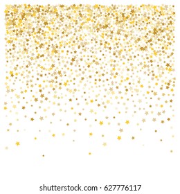Cosmic abstract vector background with gold stars falling down. Decorative pattern with golden night sky objects on white. Glitter star confetti, magic shining sparkles design. Celebration background.