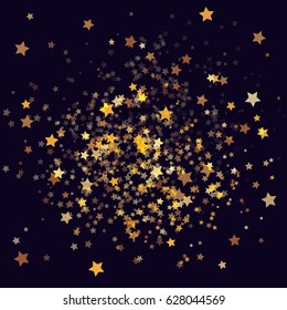 Cosmic abstract vector background with gold stars. Decorative pattern with gold night sky objects on black. Glitter star confetti, magic shining sparkles design. Celebration, space, glamour background