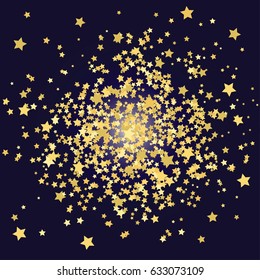 Cosmic abstract vector background with gold stars. Decorative pattern with gold night sky objects on black. Glitter star confetti, magic shining sparkles design. Celebration, space, glamour background