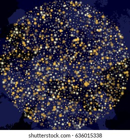 Cosmic abstract vector background with gold star elements circle. Glitter confetti, shining sparkles design. Decorative firework pattern on black and blue, salute. Golden night sky objects. Star dust.