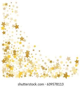 Cosmic abstract vector background with gold stars falling down. Decorative pattern with golden night sky objects on white. Glitter star confetti, magic shining sparkles. Celebration, luxurious style.