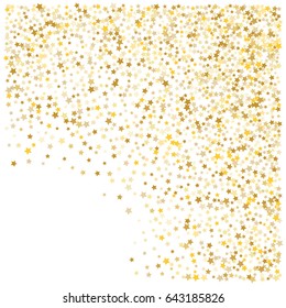 Cosmic abstract vector background with gold stars. Decorative frame edge with golden night sky objects on white. Glitter star confetti, magic shining sparkles. Celebration, luxurious lifestyle.