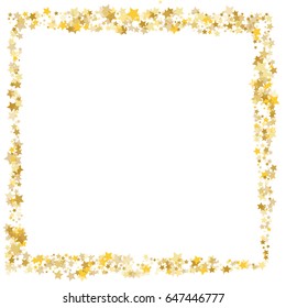 Cosmic abstract vector background with gold stars. Decorative frame edge with golden night sky objects on white. Glitter star confetti, magic shining sparkles. Celebration, luxurious lifestyle.