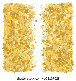 Cosmic abstract vector background with gold stars. Decorative frame edge with golden round frame with stars on white. Glitter star confetti, magic shining sparkles. Celebration, luxurious lifestyle.