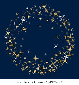 Cosmic abstract vector background with gold star elements circle. Glitter confetti, magic shining sparkles design. Decorative firework pattern on dark blue, salute. Golden night sky objects frame.