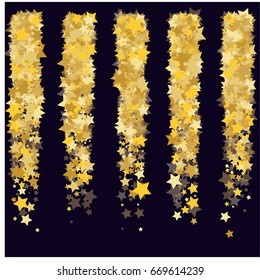 Cosmic abstract vector background with gold stars. Decorative frame edge with golden round frame with stars on white. Glitter star confetti, magic shining sparkles. Celebration, luxurious lifestyle.