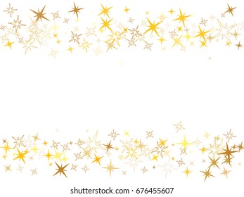 Cosmic abstract vector background with gold star elements. Glitter confetti, magic shining sparkles design. Decorative pattern on white with golden stars. Card with place for text, sparkles stripes.