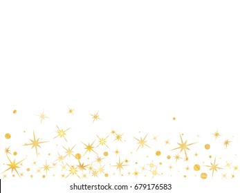 Cosmic abstract vector background with gold star and circle elements falling down. Glitter confetti bottom border, magic shining sparkles design. Decorative pattern on white with falling stars.