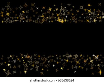 Cosmic abstract vector background with gold glowing star elements on black. Holiday starlight, glitter confetti, shining sparkles pattern design for birthday card, banner or poster. Sparkles frame.