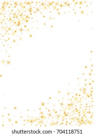 Cosmic abstract vector border background with gold star sparkle elements. Glitter gold confetti, magic sparkles shine design. Star dust border frame pattern on white with golden glitter vector.