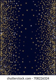 Cosmic abstract vector border background with gold star sparkle elements. Glitter gold confetti, magic sparkles shine design. Star dust border frame pattern on dark blue with golden glitter vector.