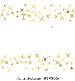 Cosmic abstract vector frame background with gold star elements. Glitter confetti border, magic shining sparkles design. Decorative pattern on white background. Card border with text plac, stardust.