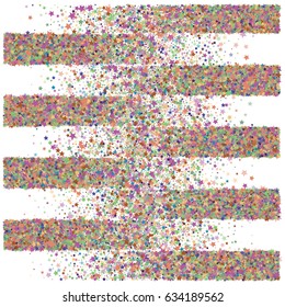 Cosmic abstract vector striped background with multicolored stars. Decorative pattern with small night sky objects on white. Trendy hipster star confetti design. Birthday celebration stripy background