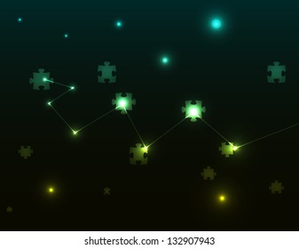 Cosmic abstraction with floating puzzle pieces and lights / cosmic puzzle abstraction