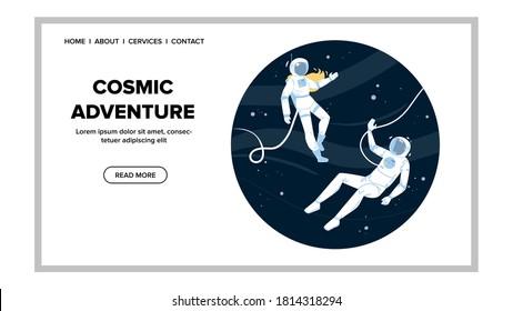 Cosmic Adventure Astronauts In Outer Space Vector. Cosmonauts Boy And Girl Wear Spacesuit Costume Cosmic Adventure And Aerospace Science. Characters Discovery Web Flat Cartoon Illustration