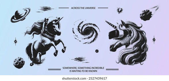 Cosmic Adventure with Futuristic Unicorns in Space Helmets and VR Glasses, Featuring Stippling Effect, Dot Textures, and Noise. Depicting Intergalactic Exploration with Asteroids, Galaxies, and Black 