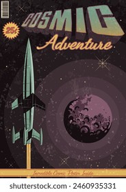 In: Cosmic Adventure. In: Old Comic Book Cover Style Illustration. Retro futuristische Weltraumrakete, Planet, Weltraum  