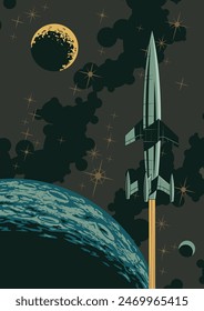 Cosmic Adventure Retro Future Style Illustration, Space Rocket, Planets, Stars. 