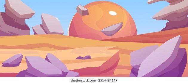 Cosmic alien landscape, desert surface with mountains and flying rocks. Fantasy space planet in the sky. Cartoon extraterrestrial vector illustration. Fantastic galaxy game background