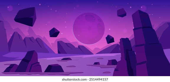 Cosmic alien landscape with desert surface with mountains and flying rocks on night starry sky. Fantasy space planet. Cartoon vector extraterrestrial fantastic galaxy game background