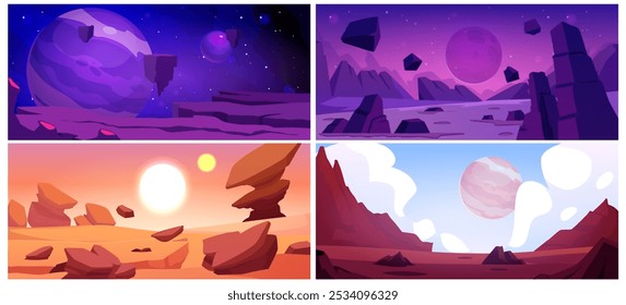 Kosmische fremde Landschaft, Wüstenoberfläche mit Bergen und fliegenden Felsen. Fantastische Galaxie Spiel Hintergründe. Fantasy-Weltraumplanet am Himmel. Cartoon extraterrestrische Szenerie Vektorgrafik-Set