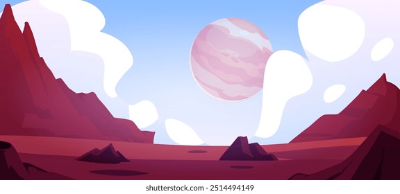 Kosmische fremde Landschaft, Dämmerung oder Dämmerung Wüste Oberfläche mit Bergen und Felsen. Fantasy-Weltraumplanet am Himmel. Cartoon extraterrestrische Vektorgrafik. Fantastische Galaxie, Spielhintergrund