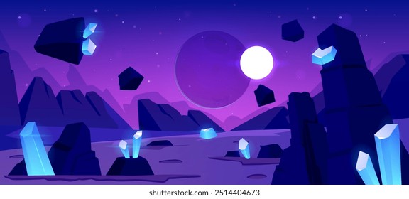 Paisaje extraterrestre cósmico con cristales azules brillantes, superficie del desierto con montañas y rocas voladoras en el cielo estrellado de la noche. Planetas espaciales de fantasía. Vector extraterrestre fantástico galaxia juego de fondo