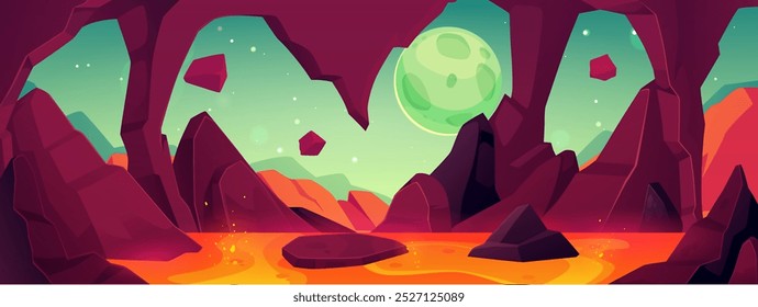 Kosmische außerirdische Landschaft auf Sternenhimmel Blick aus Höhle mit loderndem Magma. Fantasy-Weltraumplanet. Cartoon-Illustration der Höhle mit Felsen und brennender heißer Lava. Vektorspiel, unterirdischer Hintergrund