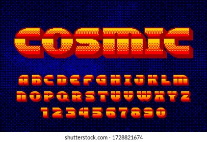 Cosmic alphabet font. Pixel letters and numbers. Pixel background. 80s arcade video game typescript.