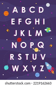 Cosmic alphabet. Poster for decoration and training. Decor of the children s room