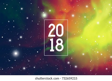 Cosmic Astrological New Year 2018 Greeting Card or Calendar Cover with Geometric Minimal Frame on Space Background. 