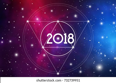 Cosmic Astrological New Year 2018 Greeting Card or Calendar Cover with Interlocking Geometry Shapes Art and Golden Ratio Digits on Space Background.