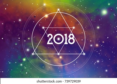 Cosmic Astrological New Year 2018 Greeting Card or Calendar Cover with Interlocking Geometry Shapes Art and Golden Ratio Digits on Space Background.