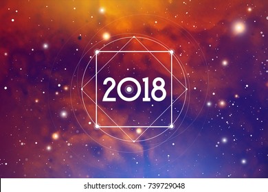 Cosmic Astrological New Year 2018 Greeting Card or Calendar Cover with Interlocking Geometry Shapes on Space Background.