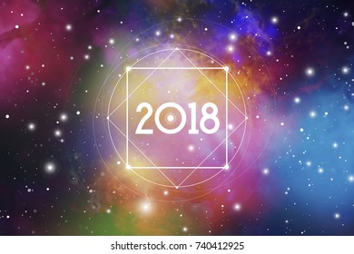 Cosmic Astrological New Year 2018 Greeting Card or Calendar Cover with Interlocking Geometry Shapes Art and Golden Ratio Digits on Space Background.